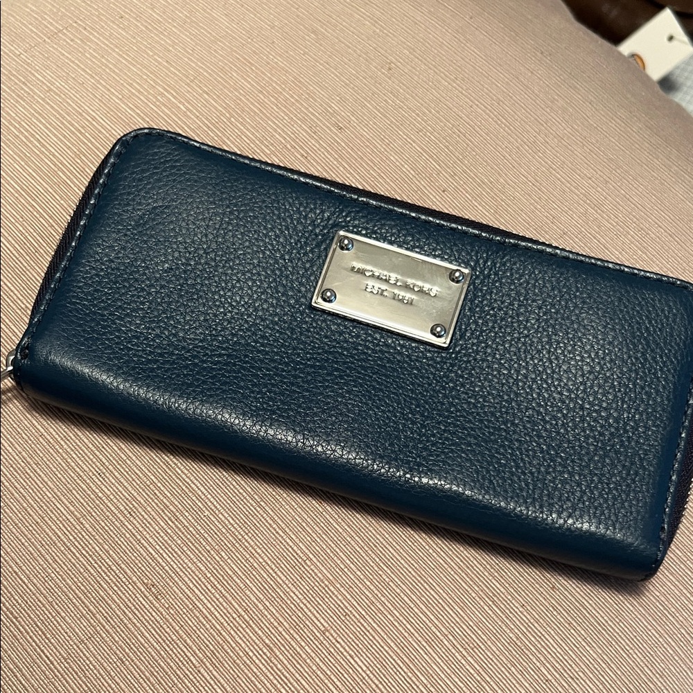 Blue  Leather Wallet with Silver Michael  Kors plate wrap zipper